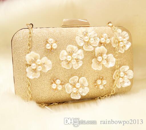 

Factory sales of heavy chain jewel studded Hand Bag Handmade Diamond Dress Evening Bag beautiful Camellia Camellia party shoulder bag, Champagne