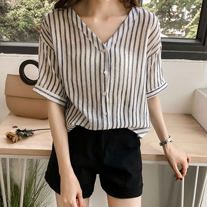 

Autumn V Neck Striped Blouse Womens Tops Three Quarter Blouses Women Batwing Sleeves Blusas Casual Blouse Shirt Plus Size 4XL, Multi