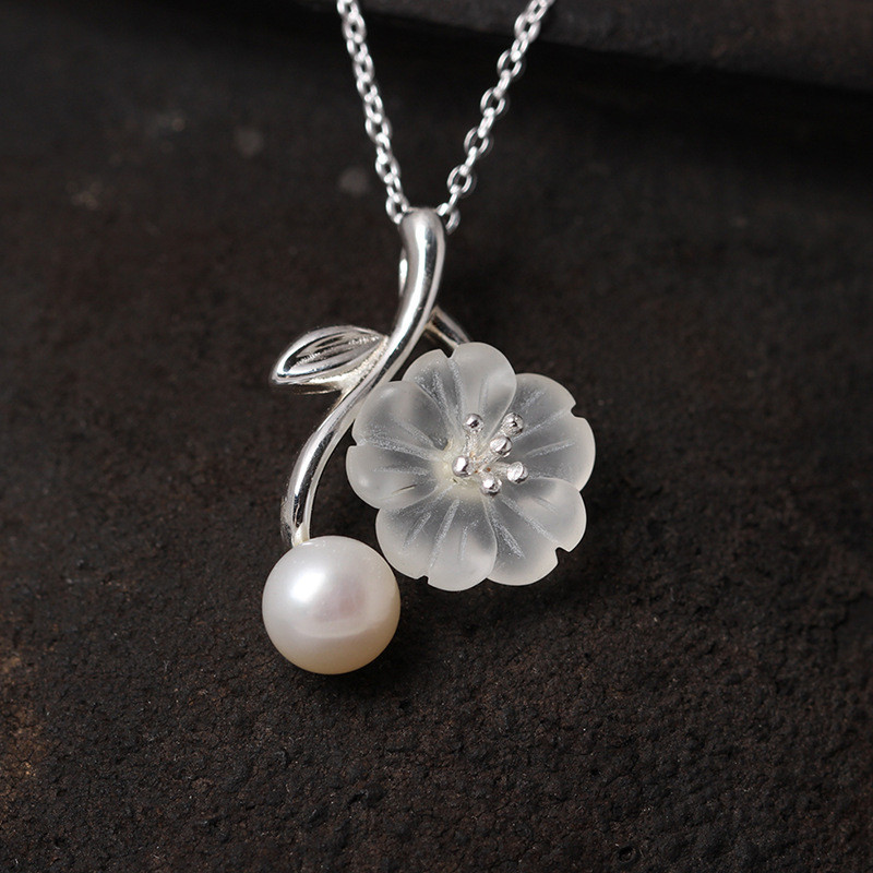 

New Ethnic Jewelry 100% 925 Sterling Silver Natural Pearl Crystal Flower Pendant Necklaces For Women Lovers Gifts