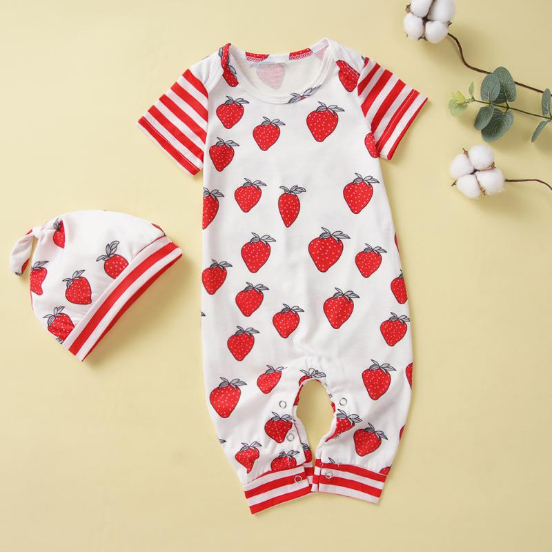 

Newborn Baby Strawberry Striped O-neck Rompers Cap Hat Baby Cute Clothes Set for Children Walking Leaning Accessories, White
