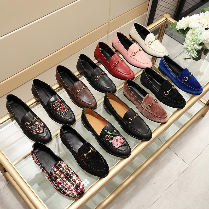 Designer Women mens Leather Flat Mules embroidered bee Horsebit loafer girl flats buckle mens Size 34-45 With box Many colors in stock