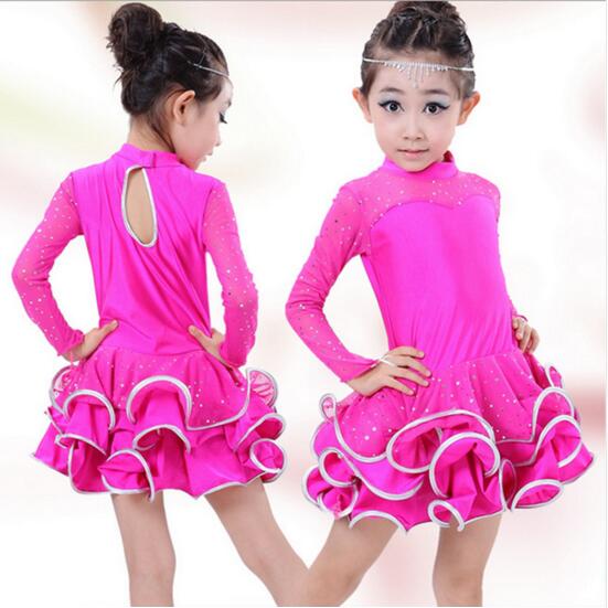 

High Quality Sexy Lace Children's Ballroom Stage Clothing Girls Latin Dance Skirts Long-Sleeved Dress Perfoming Costumes, Black