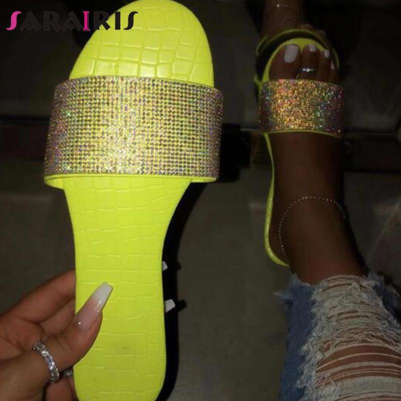 

SARAIRIS Ins Female 2020 Candy Color Fashion Slippers Slippers Women Open Toe Rhinestone Slip On Outdoor Shoes Woman, Yellow