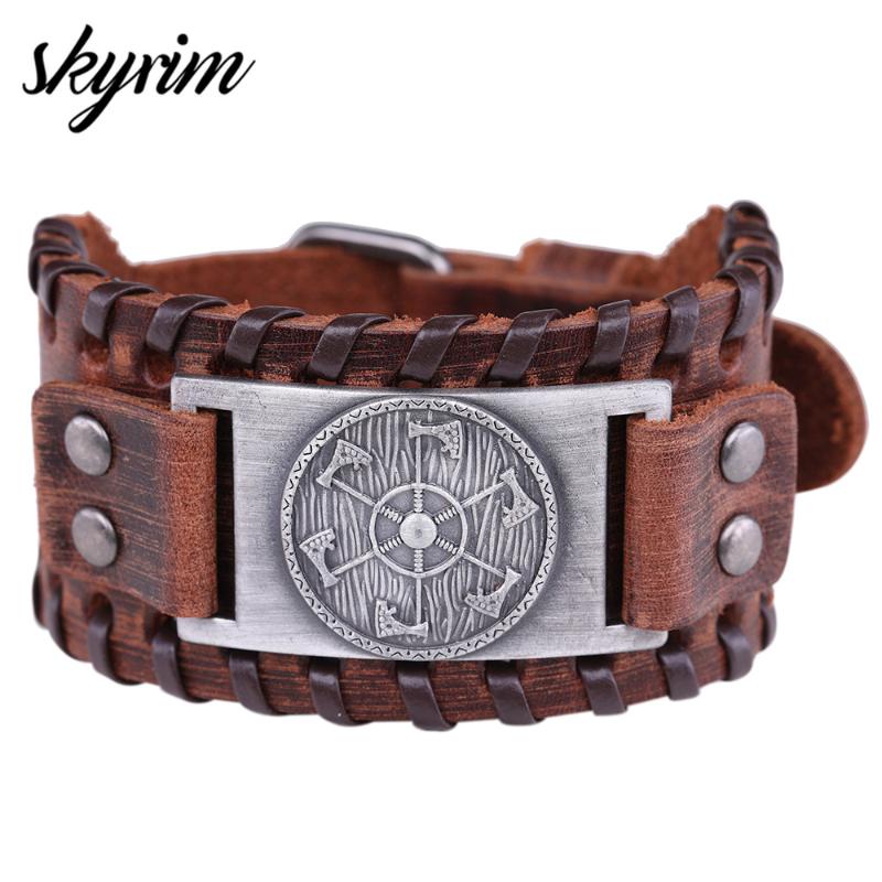

Skyrim Viking Axe Pendant Wide Leather Bracelets Bangles Norse Mythology Nordic Slavic Kolovrat Amulet Wicca Pulseira Jewelry