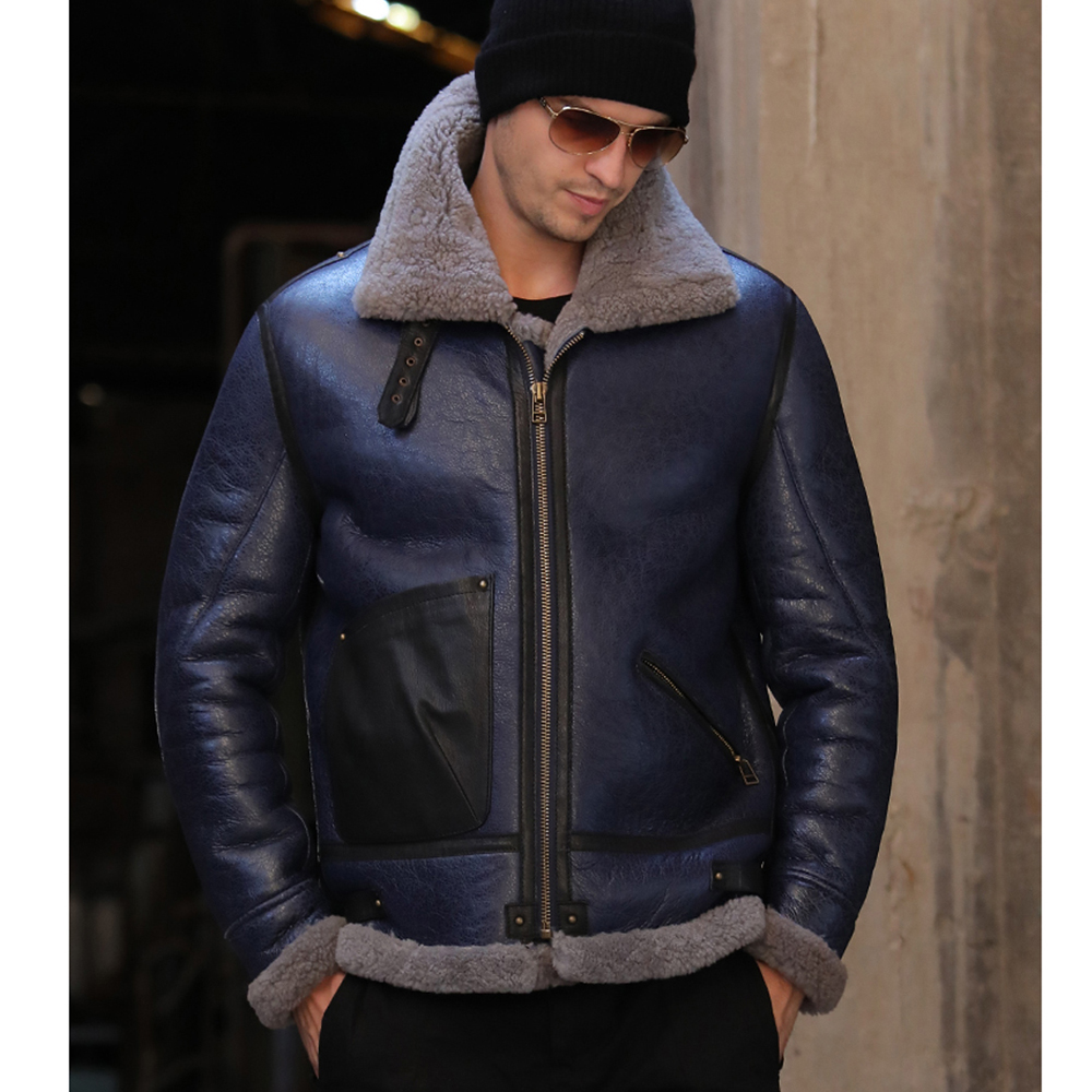 

2019 Warm Thicken Natural Shearling Sheepskin Fur Men Fashion Genuine Leather Jacket Brown Fur Clothing Real Coat, Blue