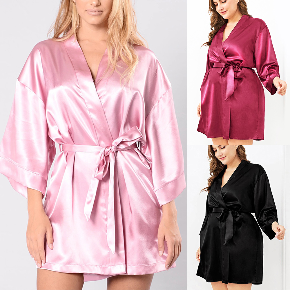 

Sleepwear Women Faux Silk Robe Bath Gown Women Simplicity Bathrobe Plus Size Robe lady Sexy Robes Satin bielizna nocna D35, Black