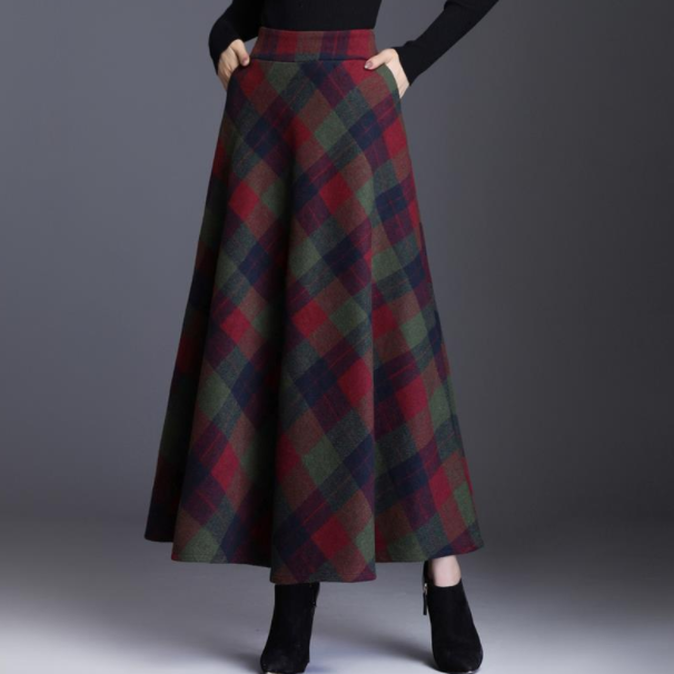 

Skirt Womens 2020 Autumn Winter Plus Size 3XL Elegant Korean Style Plaid Tall Waist Long Clothing Thickening AQ697, Blue
