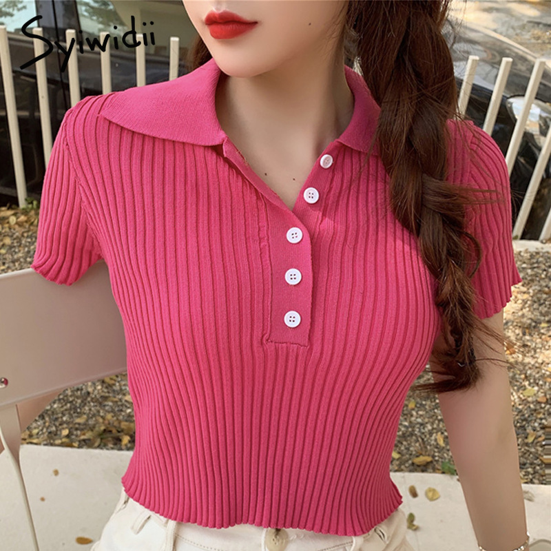 

Summer Women' Cropped Sweaters Female Rose Red Short Sleeve Sweater Turn Down Collar Single Breasted Sweater Woman Knitted Tops, Blue