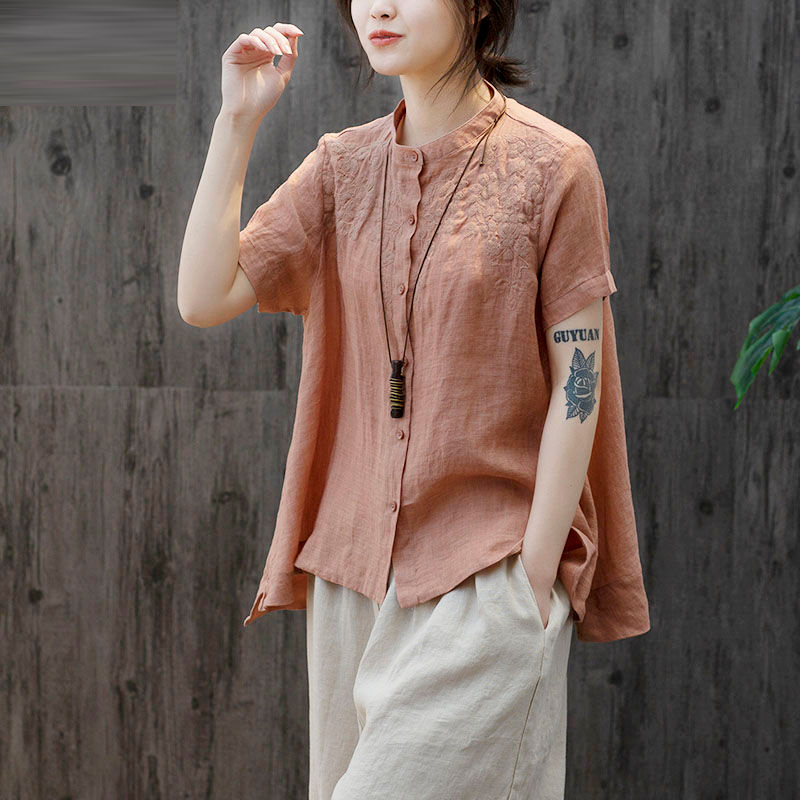 

New Arrival 2020 Summer Arts Style Women Short Sleeve Loose Shirts Plus Size Cotton Linen Embroidery Vintage Blouse Femme S842, Blue
