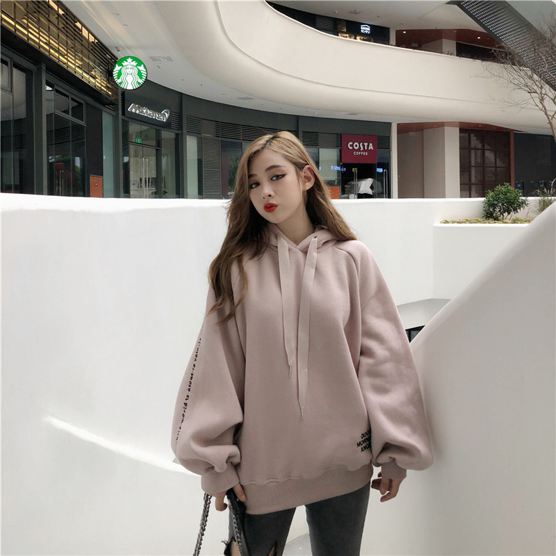 

Hoodies Women Fleece Long Sleeve Solid Color Hooded Sweatshirt womens clothing Letter Harajuku Print Pullover Thick Loose hoddie, Lotus root starch