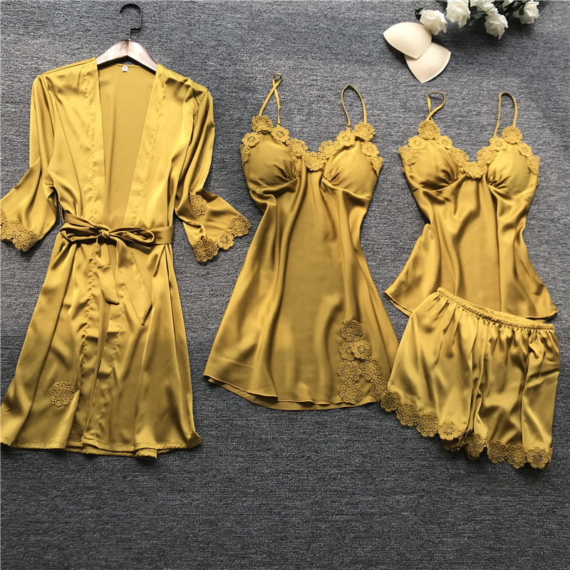 Sexy Pyjamas Femmes Lingerie Sleep Height Set Satin Soie Dentelle 4 Pcs Ensembles Casual Femmes Pyjamas avec coussin de poitrine Coréen Home Vête