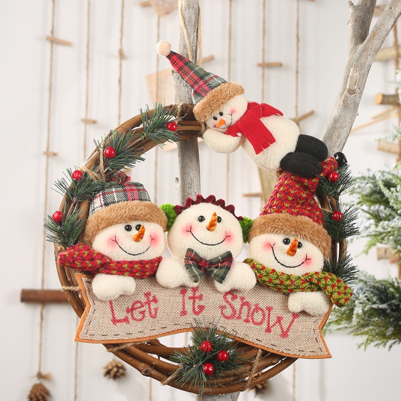 

Rattan Christmas Wreath With 4 Plush Dolls Front Door Garland Holiday Hanging Pendant Ornaments For Christmas Party Wall Decor