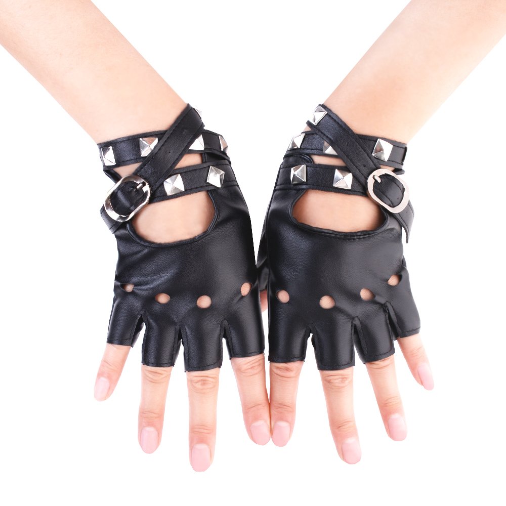 

Women Punk Rivets Belt Up PU Leather Performance Gloves Dancing Leather Gloves Women Half Finger Leather Punk Cool Nightclub Glove