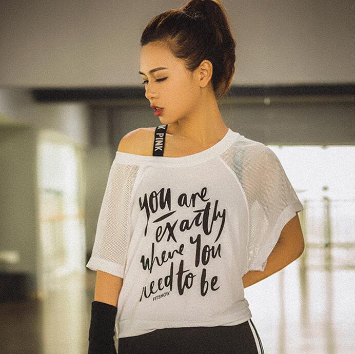 

Letter Printed Women Short Sleeve Sports Gym Fitness Quick Dry Patchwork Mesh Yoga Shirt Fitness Running Athletic Loose Tee Tops, Black
