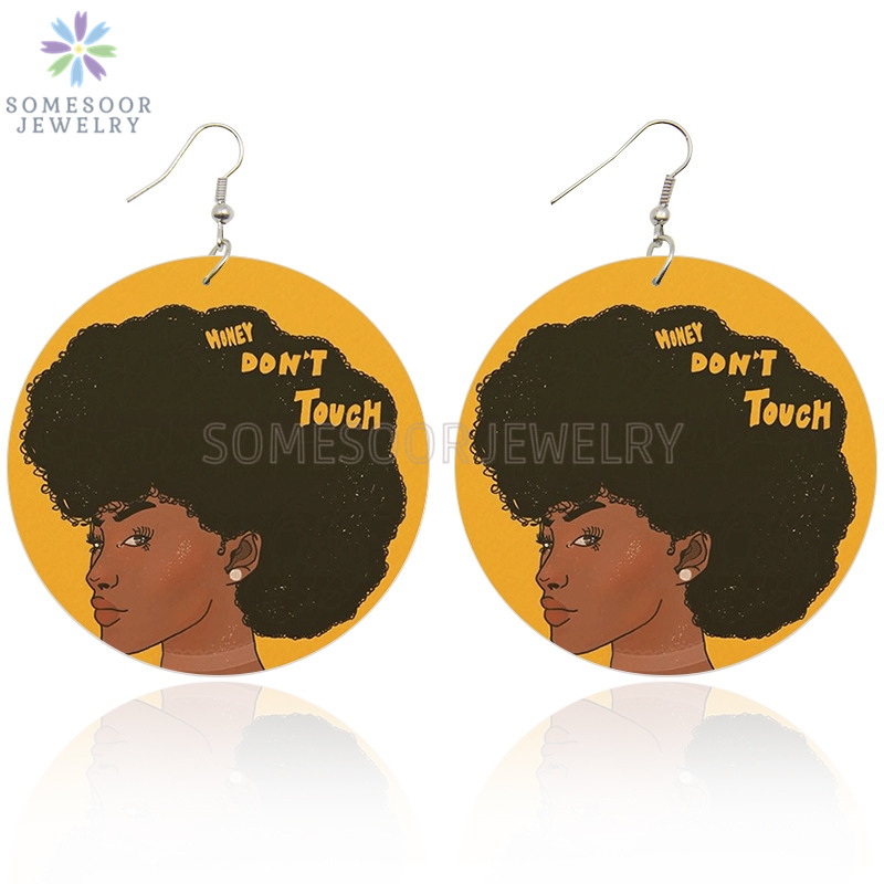 

SOMESOOR Both Sides Print Black Afro Girl Don't Touch My Hair Wooden Drop Earrings African Wood Pendant Dangle For Women Gifts