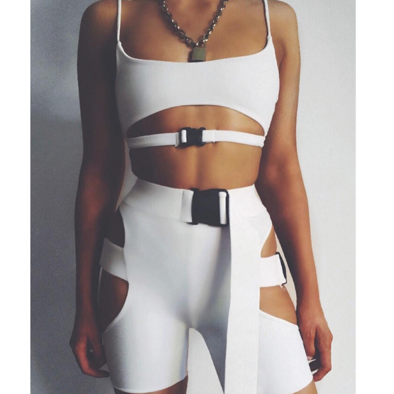 

Women's Yoga Set Neon Green Two Piece Set Top and Pants Tracksuit Women Hollow Buckle Biker Shorts Sexy Club Outfits, Black