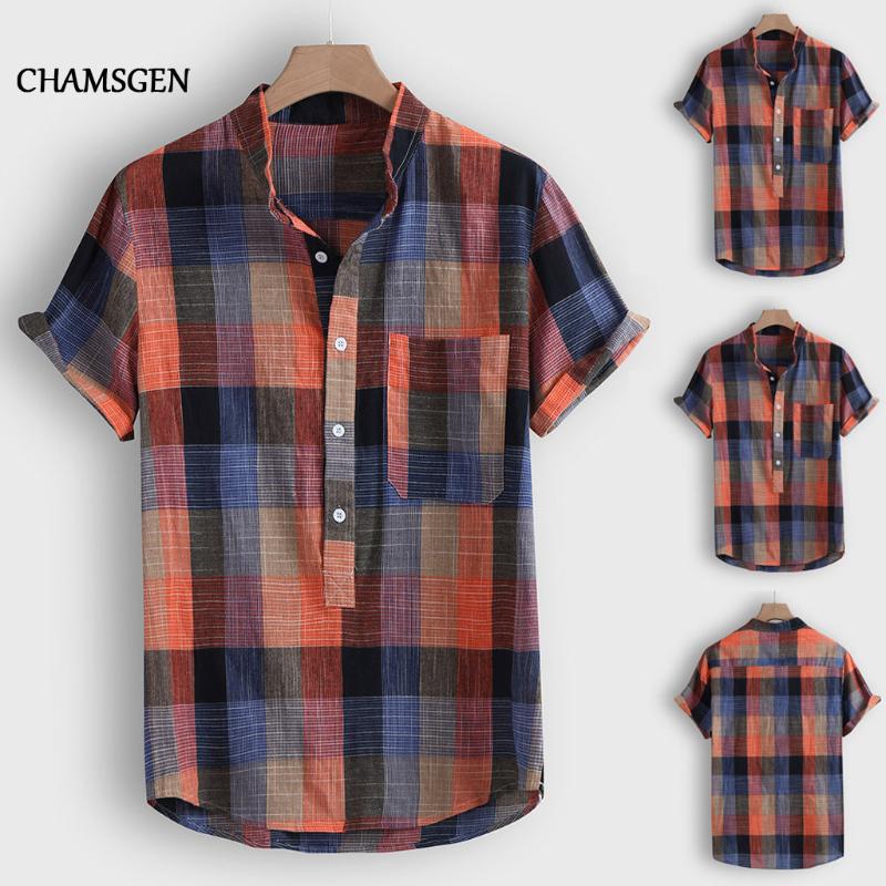 

CHAMSGEN Summer Hawaiian Shirts Men's Shirt Casual Hawaii Plaid Print Short Sleeve Top Blouse Camisa Masculina Chemise HommeF519, Orange