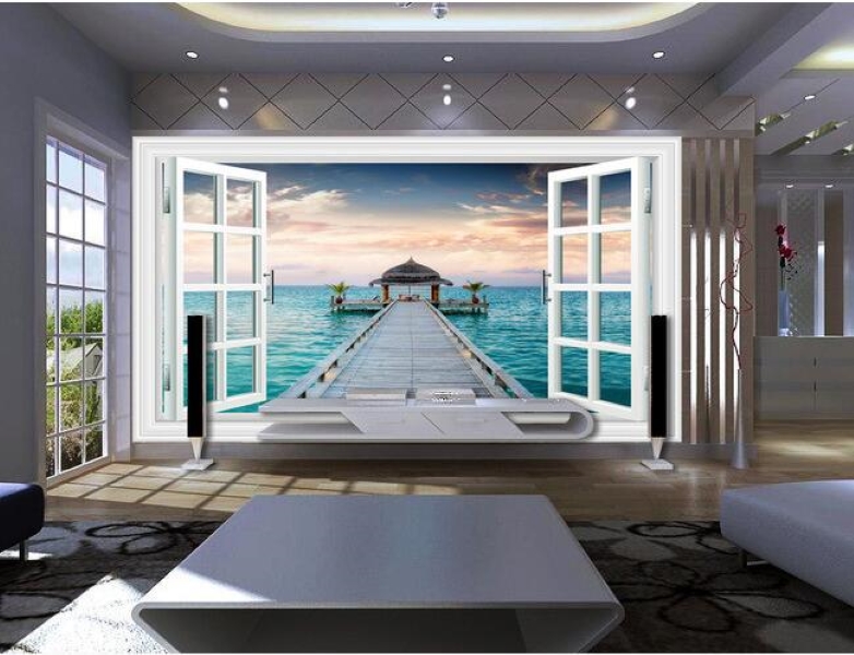 

3d room wallpaper custom photo mural Window landscape sea bridge scenery picture decor painting 3d wall murals wallpaper for walls 3 d, Non-woven