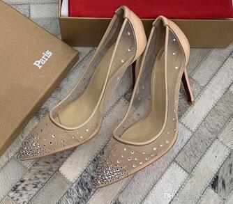 

Red Bottom High heels Rete fishnet style Pointed Toe Rhinestones Crystal bling Silver golden pumps women Heels party Wedding shoes, Beige