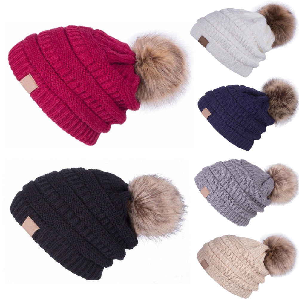 

New Women Kids Baby Mom Warm Winter Knit Beanie Fur Pom Pom Hat Crochet Ski Cap Christmas Hats