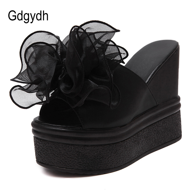 

Gdgydh Fashion Flowers High Wedge Slip On Platform Sandals Women Extreme High Heels Shoes For Summer 2020 Black White Wholesale, Black shoes