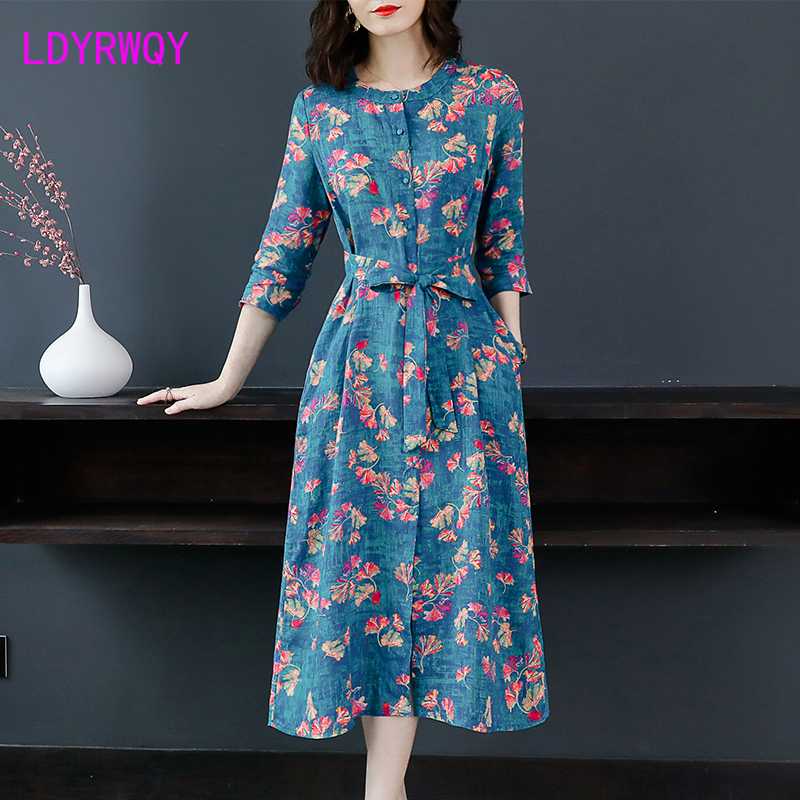 

cropped sleeve dress 2020 summer literary loose loose waistband lace split floral Office Lady Polyester, Green