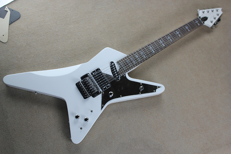 

free shipping white electric guitar with irregular body,maple neck,rosewood,floyd rose tremolo,27 frets,EMG pickups,6\7 string guitar