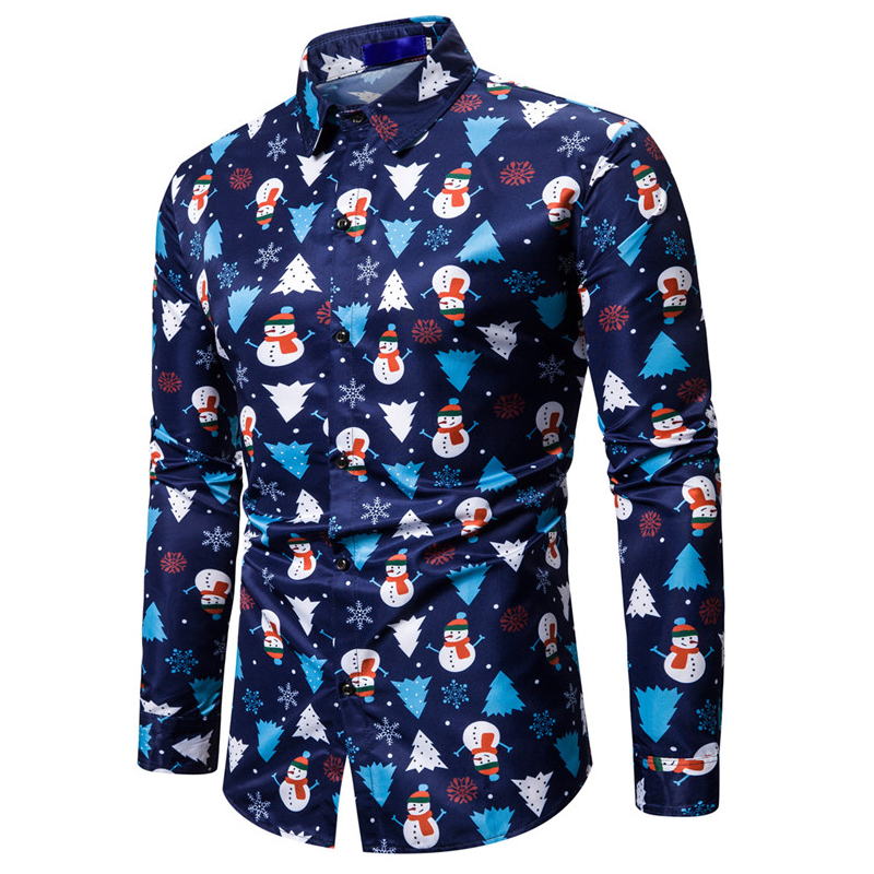 

2020 Autumn & Winter New Arrival Men' Shirt Christmas Snowman Print Long Sleeve Shirt Slim British Wind Free Shipping, C888