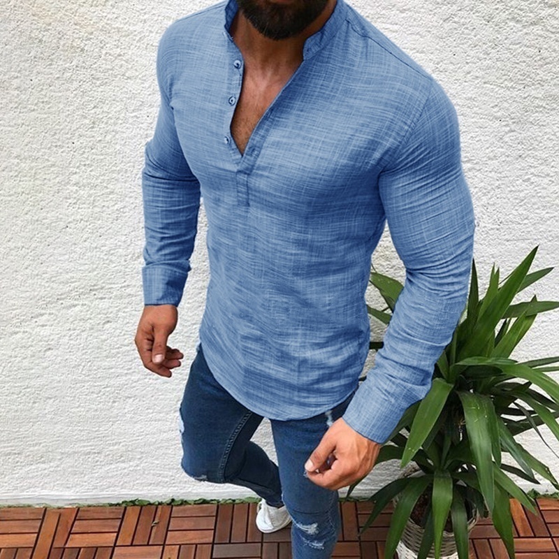 Zogaa Marque Mode Homme À manches longues T-shirts Solid Bouton Solid Up Vneck Shirts Spring Summer Entreprise Coton Chemises Hommes Tshirt Y2004