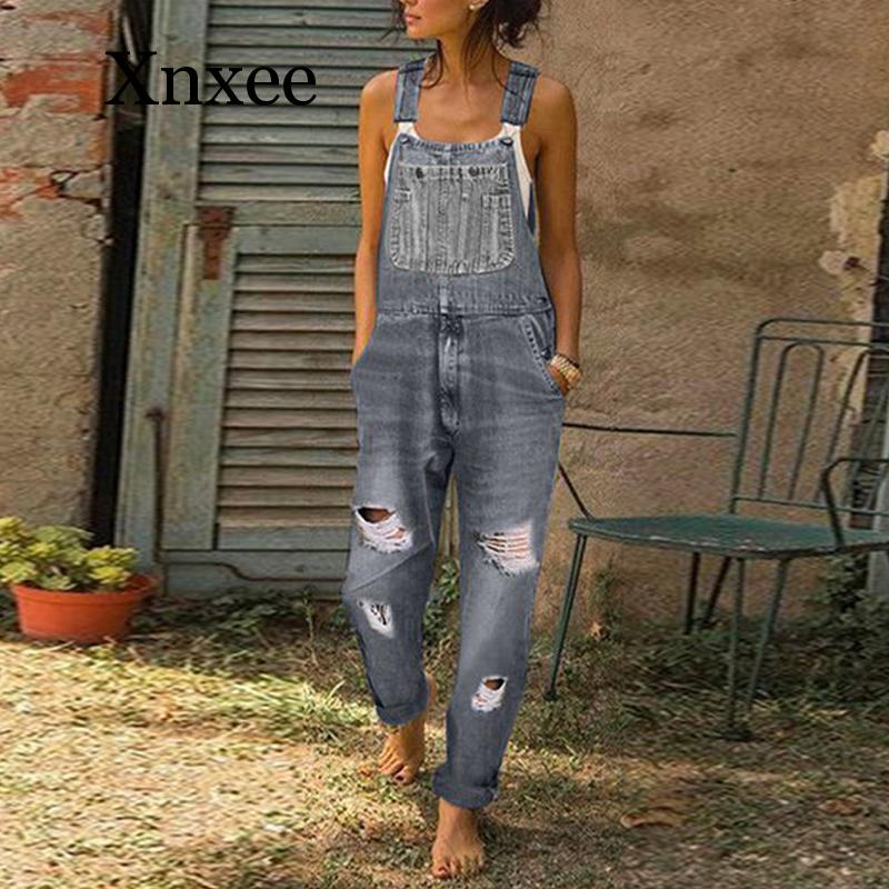 

Women Denim Overall Long Casual Romper Jumpsuit Jeans Woman Jean Jumpsuits Plus Size Women Pant Trousers Hole Ripped Jumpsuits, Blue