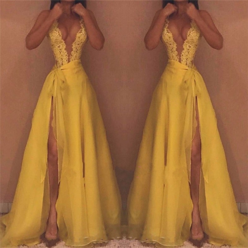 

Yellow Deep V Neck Sleeveless Prom Dresses 2019 Lace Applique Split Side 30D Chiffon Long Backless Evening Gowns, Chocolate