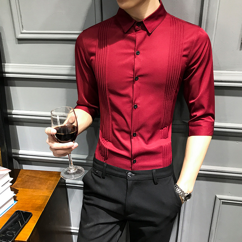 

New Arrival Mens Shirt Slim Fit Tuxedo Shirts Male Half Sleeve Red Black White Casual Shirt Men Asian Size Clothing, Dress shirt white