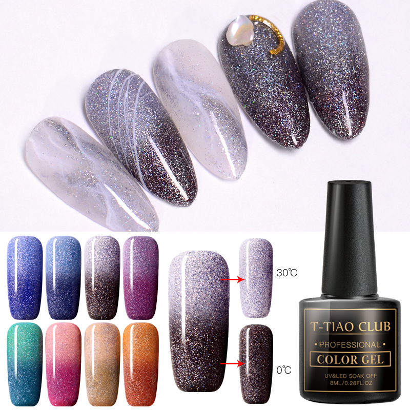 

T-TIAO CLUB Rainbow Thermal Color Changing Gel Nail Polish Holographic Glitter Temperature Soak Off UV Nails Gel Varnish Polish, Ds07050
