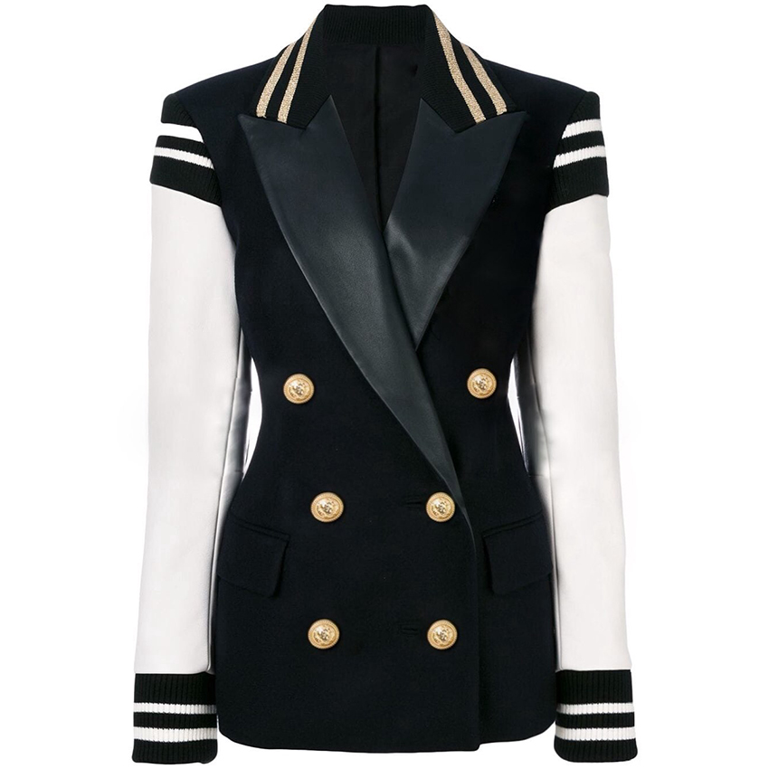 

HIGH QUALITY Newest Fashion Blazer Women' Leather Patchwork Double Breasted Blazer Classic Varsity Jacket, As pic