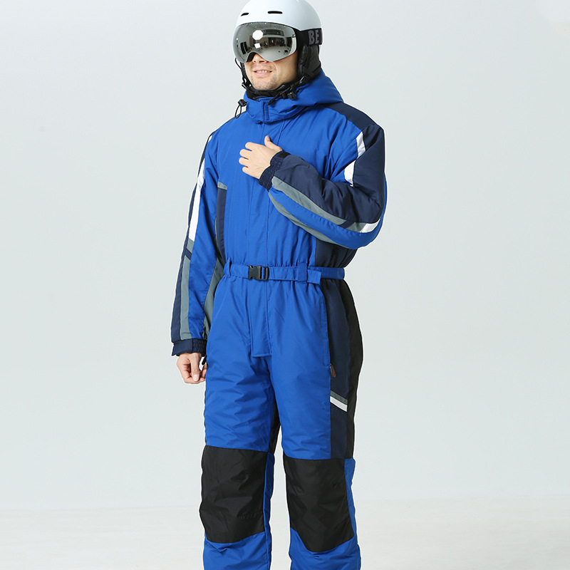 

2020 New Style Adult One-piece Ski Suit Solid Color Thermal Hooded Ski Underwear, Blue