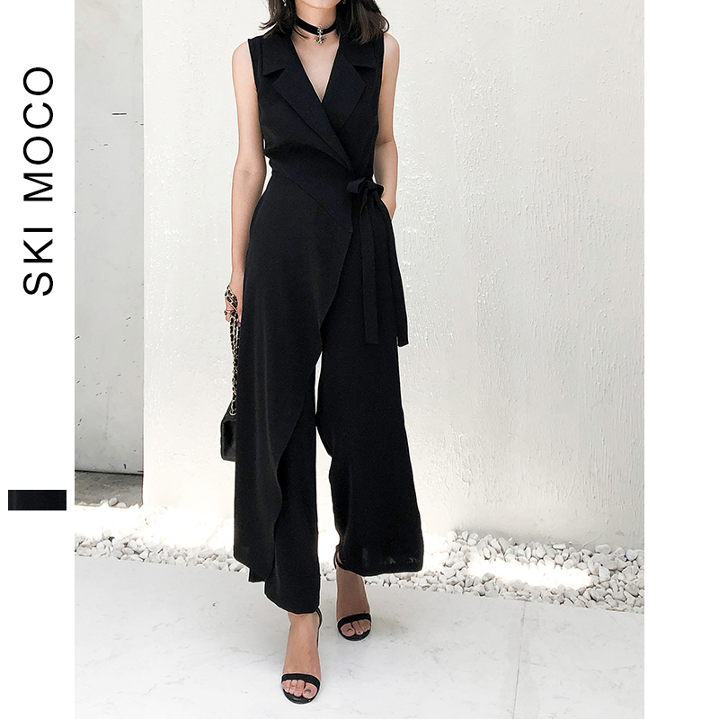 

Office Ladies Elegant Jumpsuits Sleeveless Wide Leg Long Pants Workwear Jumpsuit Women Turndown Collar lace up Plain Overalls, Black