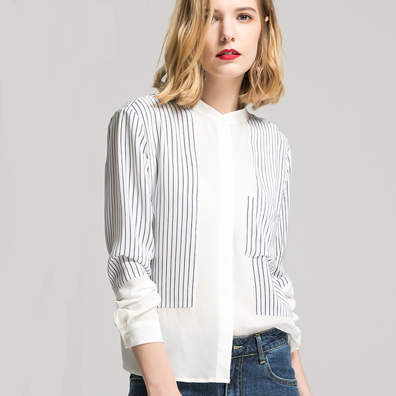 

2019 New Style 19MM Real Silk Shirt Blouse for Women Female Stripe Long Sleeve Natural Silk Blouse Casual Spring Summer Blouses