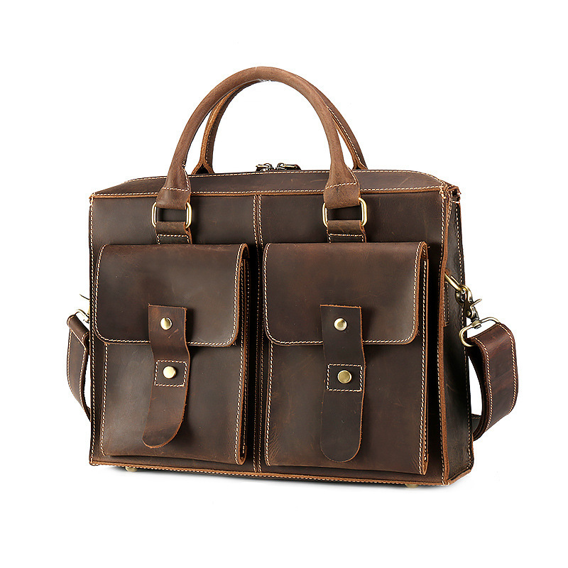 

Durable Quality Crazy Horse Leather Men Bag High Grade Thicken Cowhide Handbag Vintage Genuine Leather Men Briefcases, Coffee