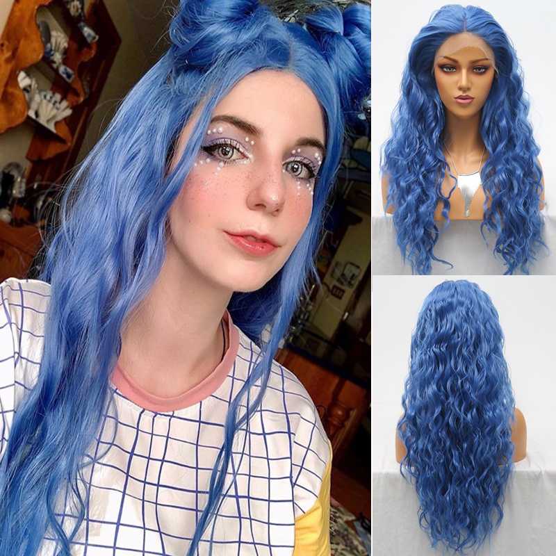 

RONGDUOYI Long Loose Wave Synthetic Lace Front Wig Blue Hair Heat Resistant Lace Wigs for Women Middle Part Fiber Cosplay Wig, As pic
