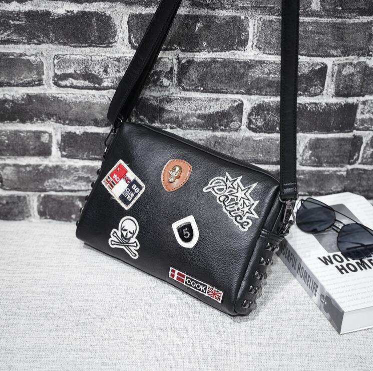 

Factory wholesale men bag street trend rivet mens shoulder handbag personality rivets punk Messenger bags multifunctional leather fashion handbags, Black(printing box )