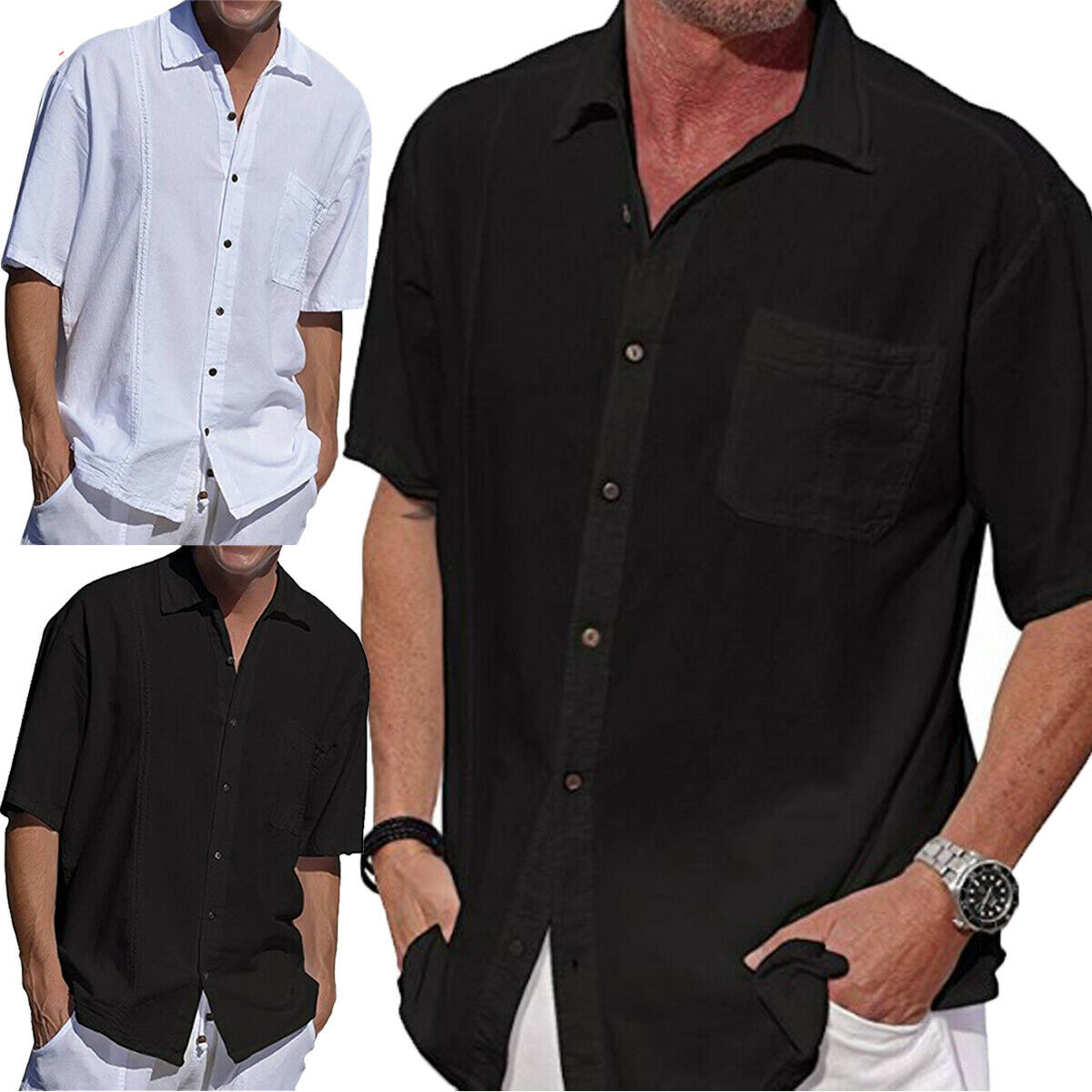 

Summer New Arrival 2019 Men Single-breasted Short Sleeve Solid Linen Slim Fit Male Casual Dress Shirt Soft Plus Size, White