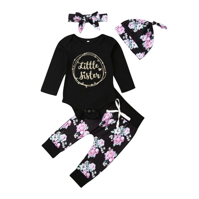 

New Baby Kids Girls Long Sleeve Romper Jumpsuit Bodysuit Tops+Flower Long Pants Trousers Hat Headband Outfits Set 0-18M, As pic