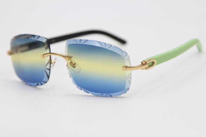 

Hot Rimless Carved lens Optical 8200762A Green Mix Black Plank Sunglasses Unisex Fashion C Decoration gold frame glasses Size:62-20-135mm