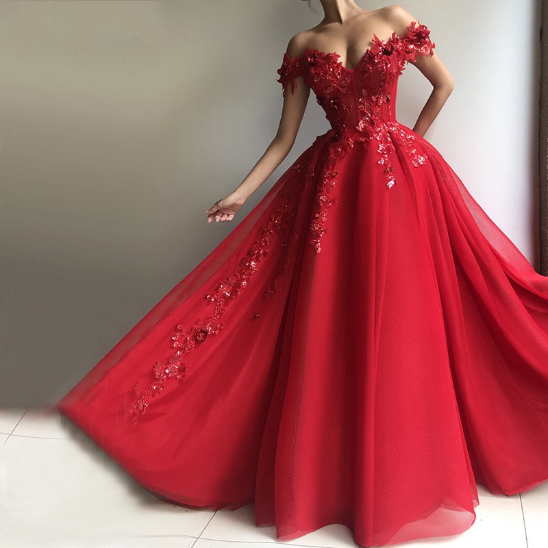 

Red Muslim Evening Dresses 2019 V-Neck Sequin Lace Beaded Tulle Off the Shoulder Ball Gown Dubai Saudi Arabic Long Evening Gowns, Black
