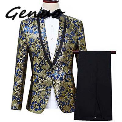 

Genuo 2020 New Man Fashion Jacquard Slim Fit Wedding Party Blazer Coat And Pant Groom Mens Stage Wear Singer Costume Blazer Suit, As photo