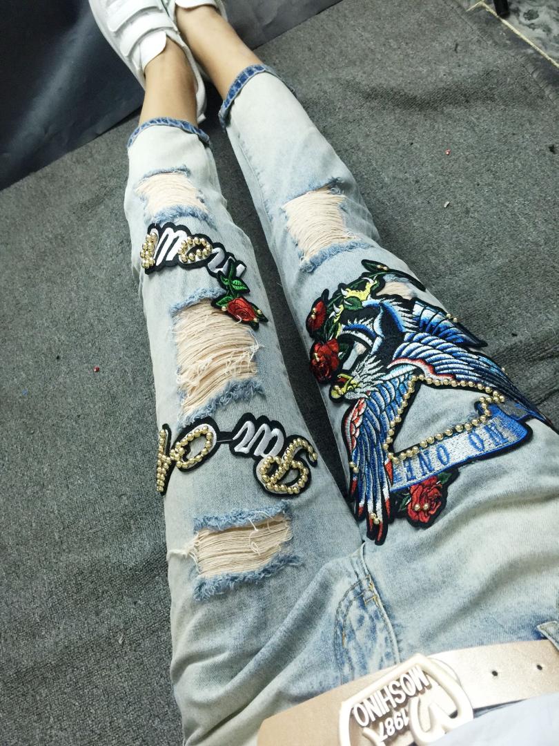Wholesale-Women Demim Trousers for Spring Autumn Loose Ankle-length Jeans Beading Embroidery Hole Students Straight Denim Pants Casual