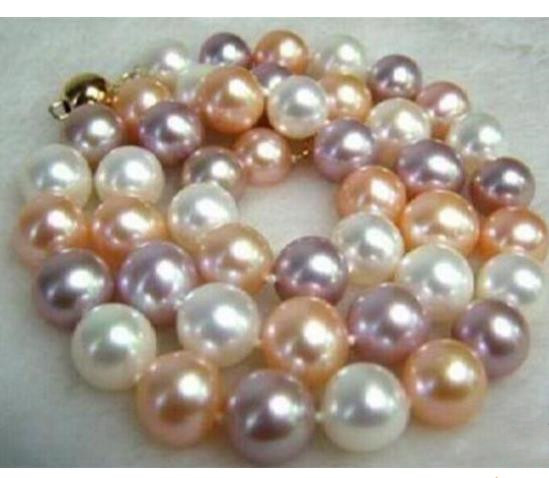 

10-11mm Natural White Pink Purple Pearl Necklace 18inch 925 Silver Clasp