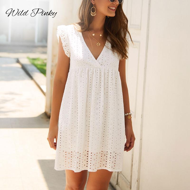

WildPinky Summer Women Lace Embroidery Sexy Dress Ruffle Sleeve Causal Pink Cotton Mini Dresses Hollow Out Short Dress Vestidos, Blue