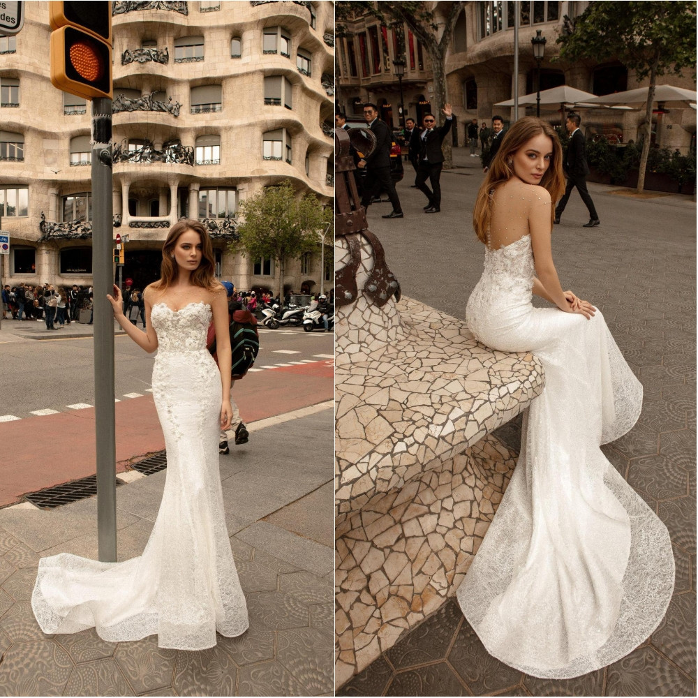 

Ricca Sposa Wedding Dresses Capped Sleeves Lace Appliques Beads Mermaid Bridal Gowns Custom Made Button Back Sweep Train Wedding Dress, Same as image