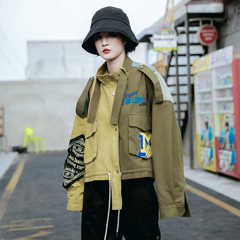 

Jacket ladies autumn contrast stitching stand-up collar long-sleeved jacket 2020 new trendy brand European women's clothing, Khaki